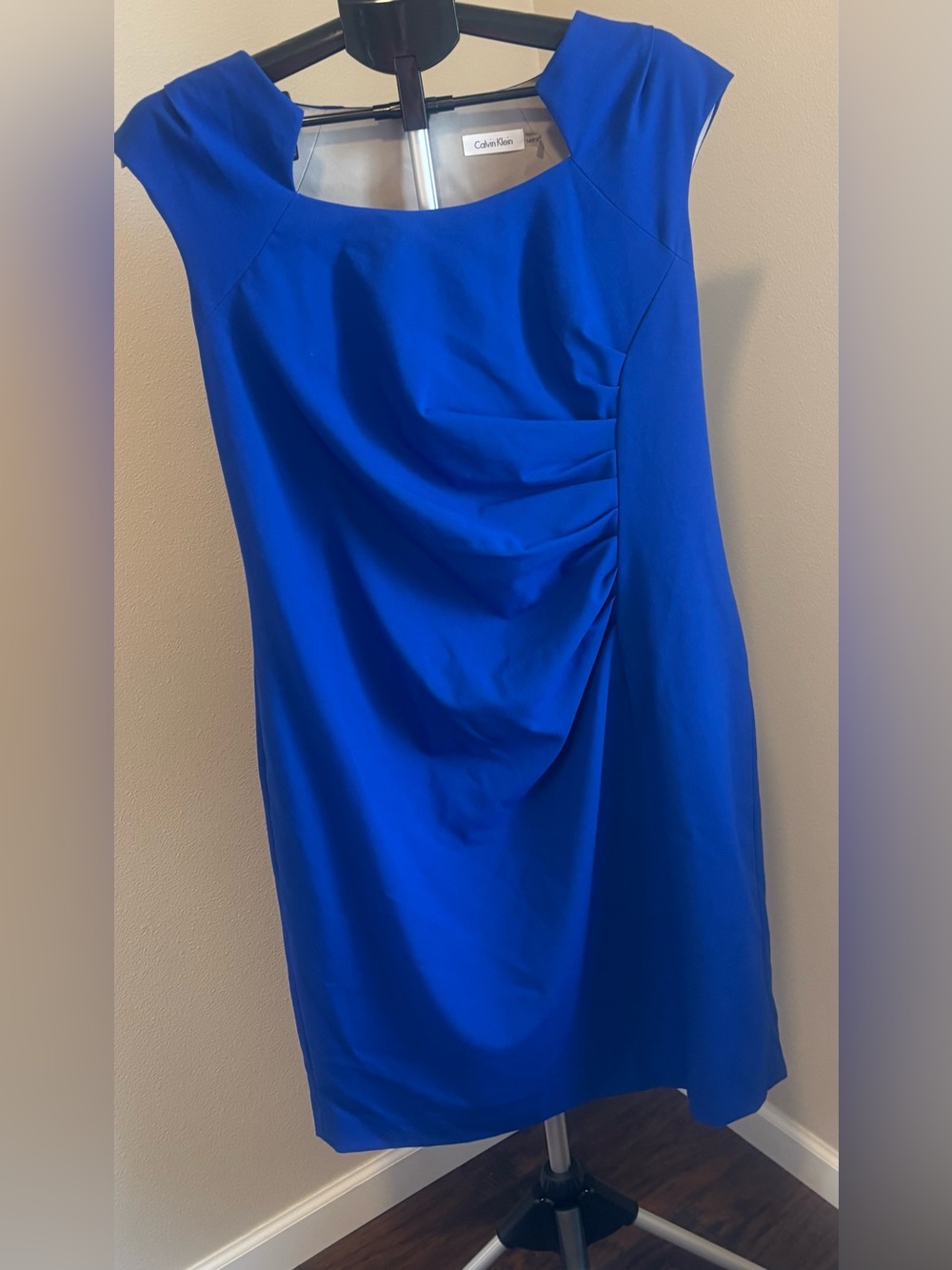 Calvin Klein Royal Cobalt Blue Ruched Horseshoe Neck Sheath Dress